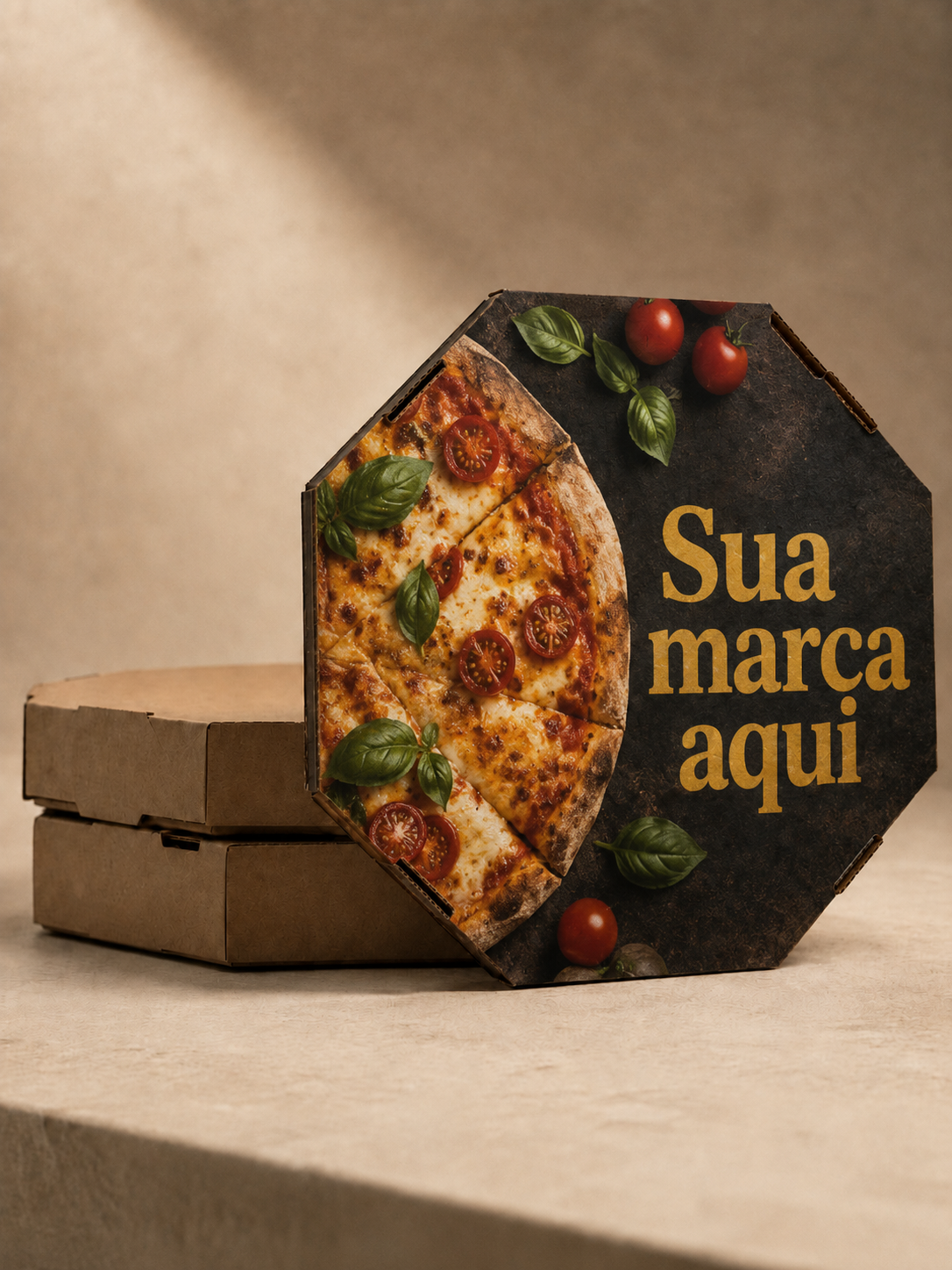 Caixa de pizza octogonal personalizada com a frase Sua marca aqui, exemplo de embalagem da Maná Embalagens